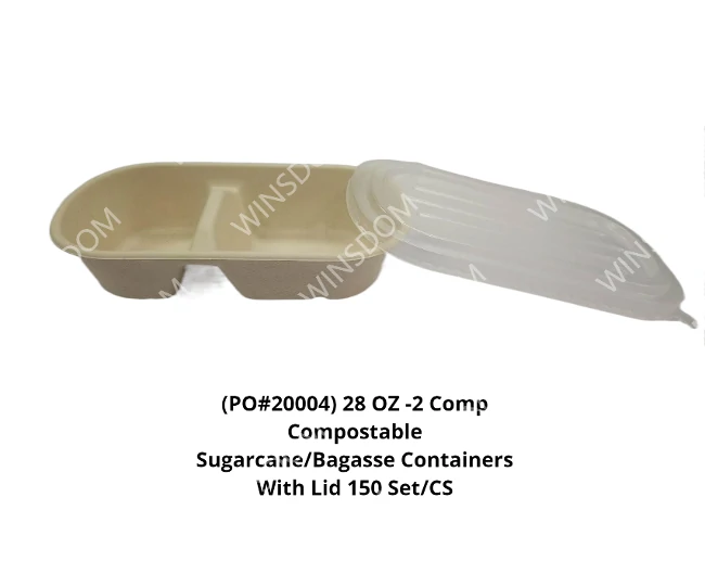 GM - Bagasse Brown Container with plastic lid-28oz-2 Comp - 150CT/CS
